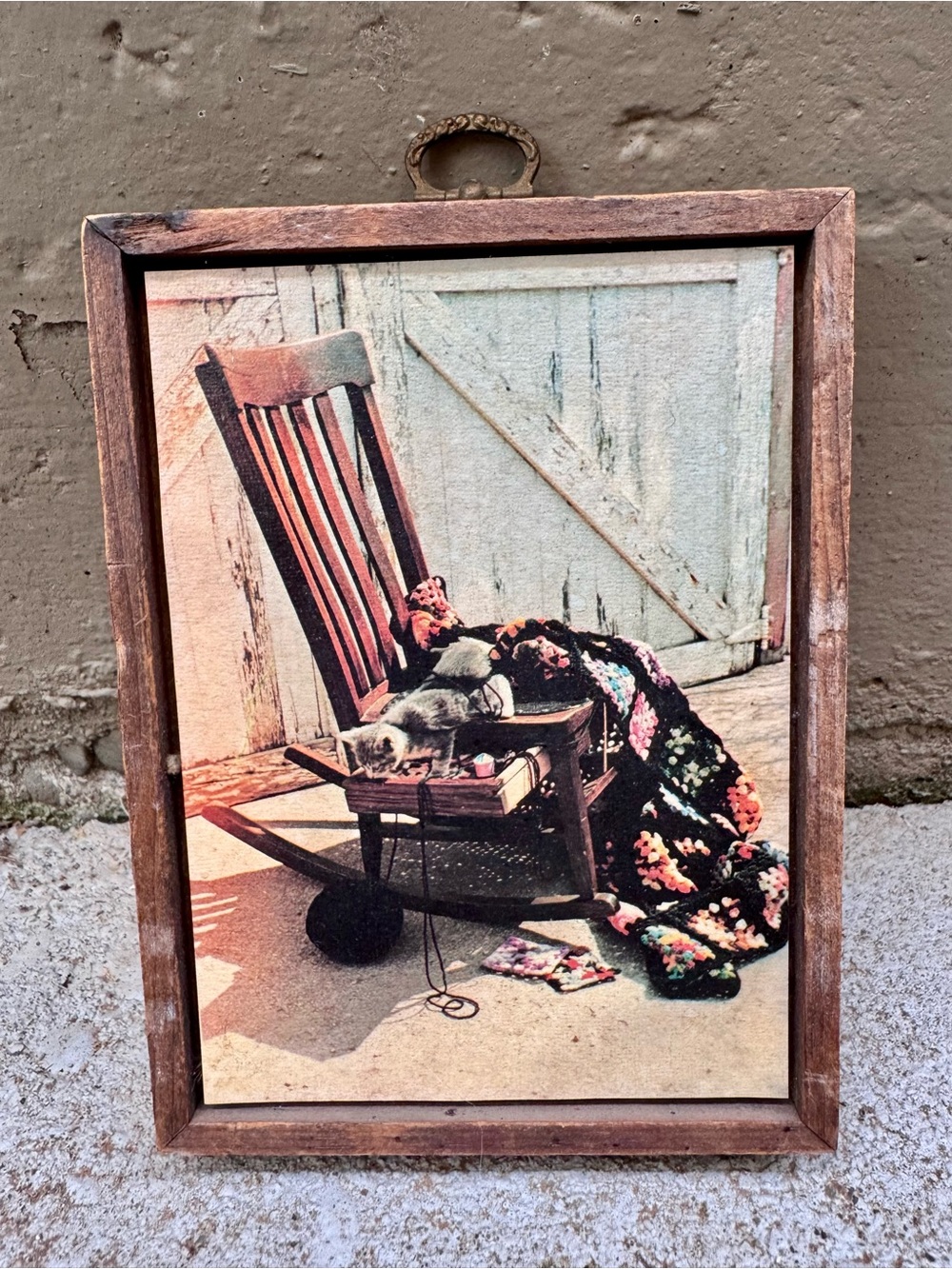 Cute Vintage Kitten in Rocking Chair Wood Wall Plaque